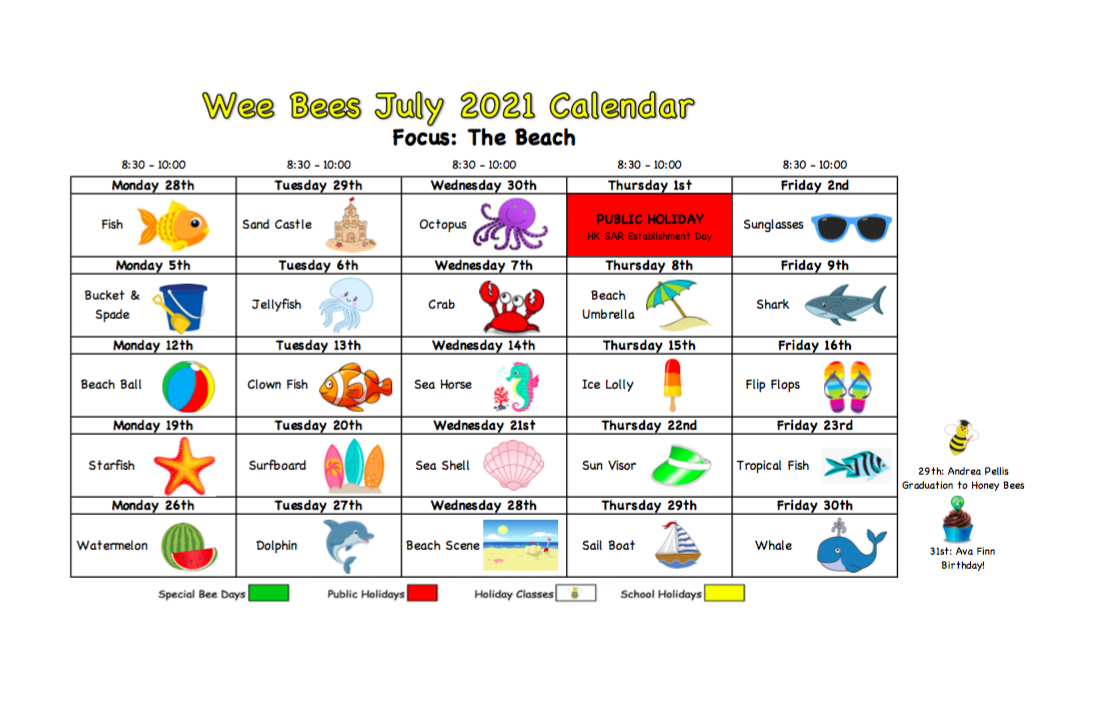 Wee Bees Monthly Schedule – July