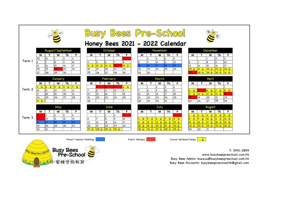 Honey Bees 2021 - 2022 School Calendar - Busy Bees Pre-School