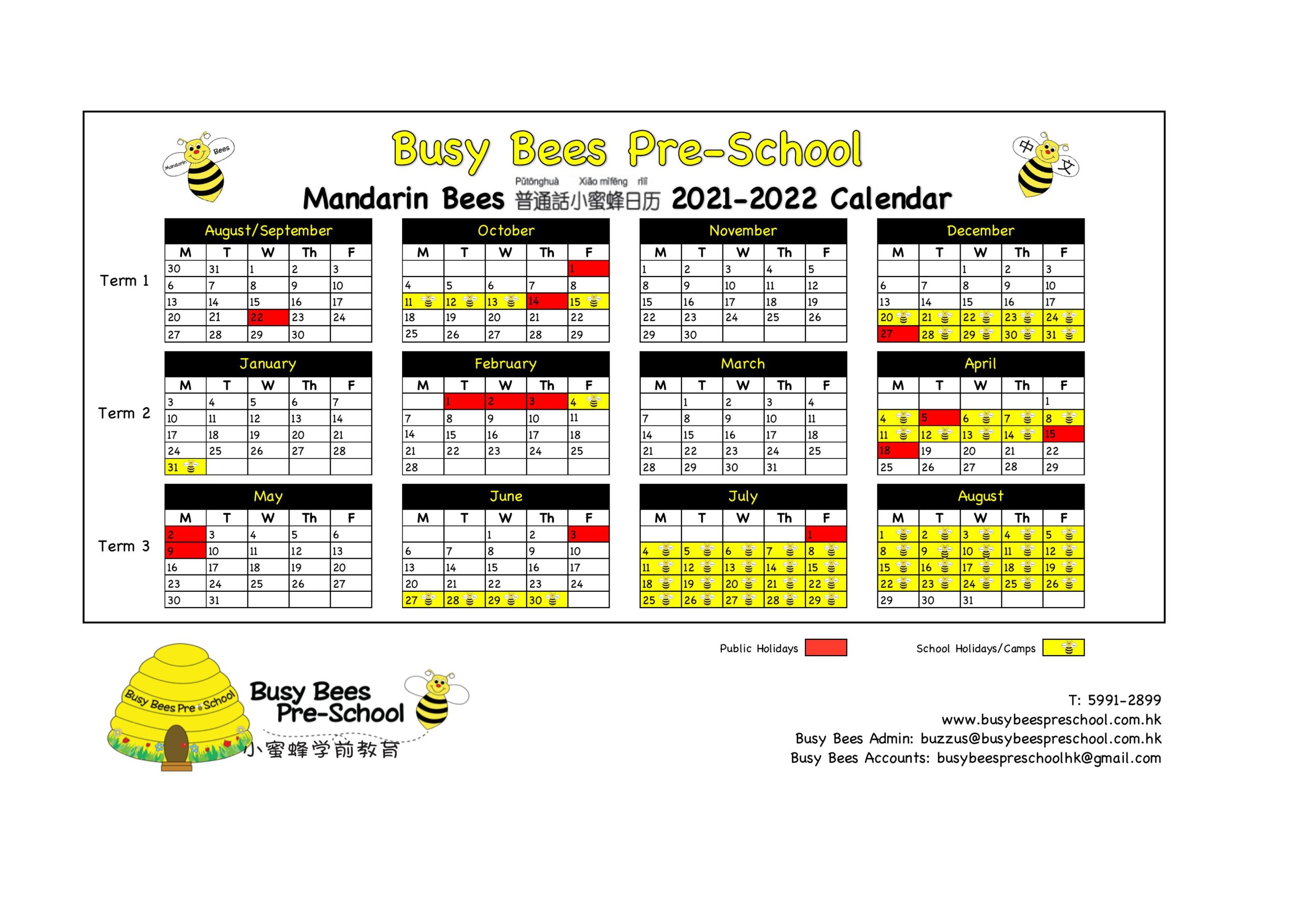 Mandarin Bees 2021 – 2022 School Calendar