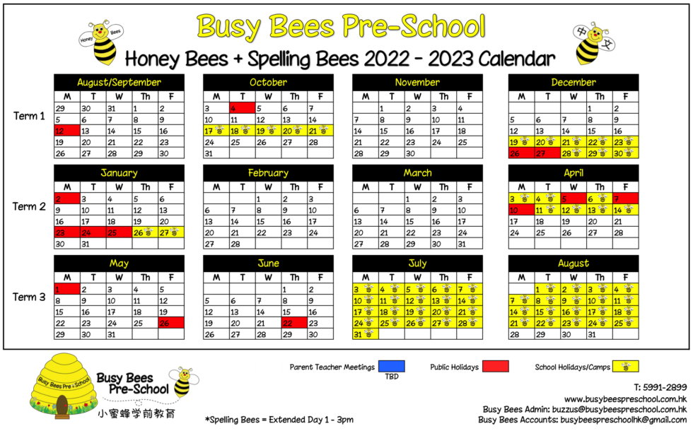 Honey Bees Spelling Bees Calendar 2022/23 Busy Bees PreSchool